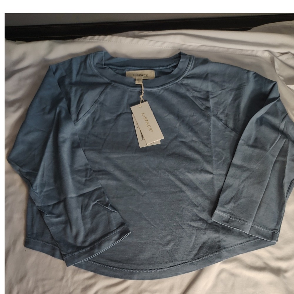 L*Space Mel Tee Dusty Blue Cotton Long Sleeve Cropped Raglan Top Small MELTP24